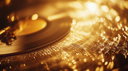 Close-up of Vinyl Record in Warm, Glowing Light