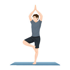 Fototapeta premium A man gracefully performs a tree yoga pose on a blue mat against a transparent background, showcasing balance, fitness, and mindful wellbeing through this elegant illustration.