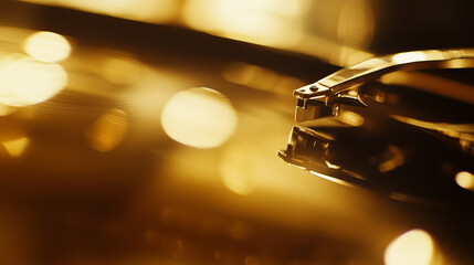 Abstract Golden Glow on Internal Hard Drive Components
