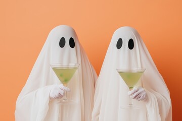 Two Sheet Ghosts Holding Green Martinis Against Orange Background in Playful Halloween Scene