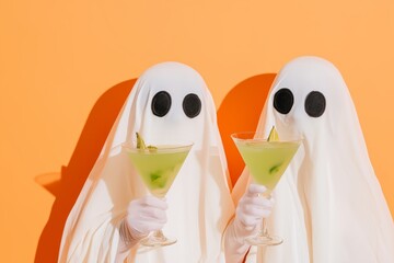 Two Sheet Ghosts Holding Green Martinis Against Orange Background in Playful Halloween Scene
