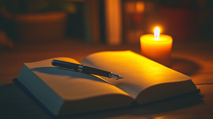 Spiritual Contemplation with an Open Book and Glowing Candle