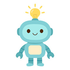 Robot cartoon character with light bulb head. Cute blue robot illustration for kids. Friendly artificial intelligence clipart.