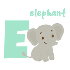 Elephant cartoon letter E alphabet animal illustration. Cute baby elephant drawing. Educational zoo animal clipart.