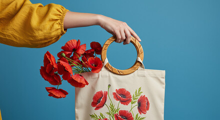 Poppies in Tote Bag Held Against Blue Background