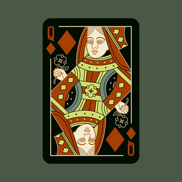 Queen of Diamonds, playing poker card in black design. Isolated vector illustration. Editable stroke lines.