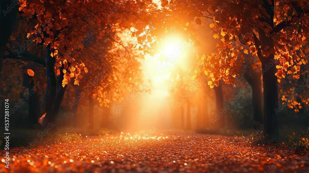 Poster autumn forest path with golden sunlight and falling leaves, creating a warm and inviting atmosphere