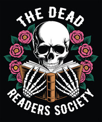Gothic Reading Skeleton Art - Floral Bookworm Illustration