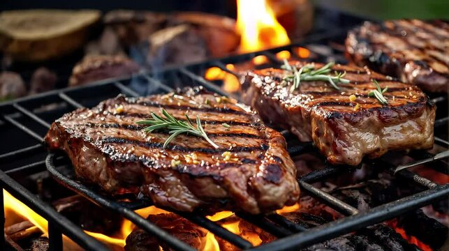 Steak with herbs on grill, perfectly charred with grill marks, food preparation