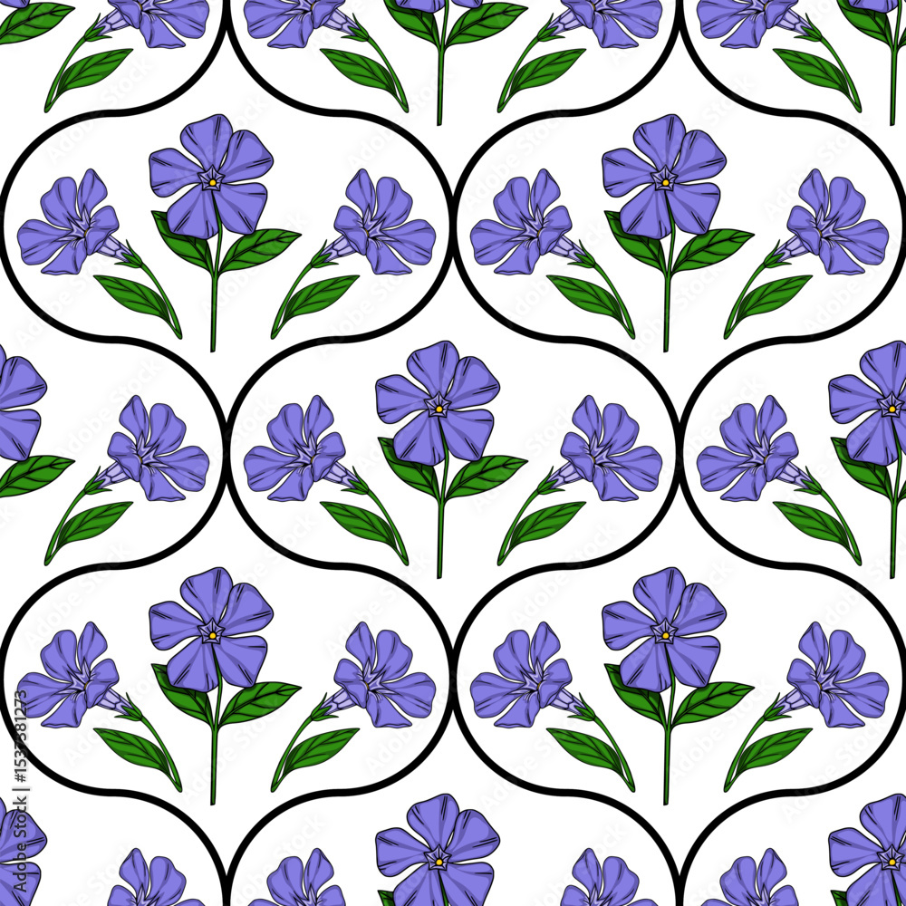 Poster seamless vector pattern of stylized periwinkle flowers in a unique oval frame, creating a delicate a