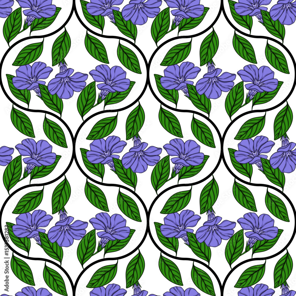 Poster seamless vector pattern of stylized periwinkle flowers and leaves, arranged in a unique wavy black l