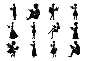 Silhouette Collection of Women and Girls Reading Books in Various Vector Poses on white background 

