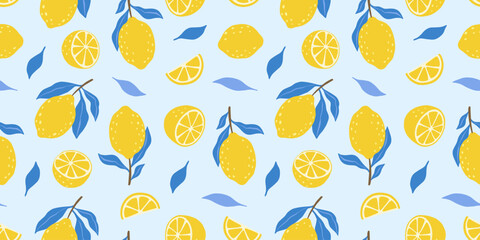 Hand drawn colorful seamless pattern of hand drawn lemons. Citrus fruit background. Perfect for textile manufacturing wallpaper posters etc. Vector illustration