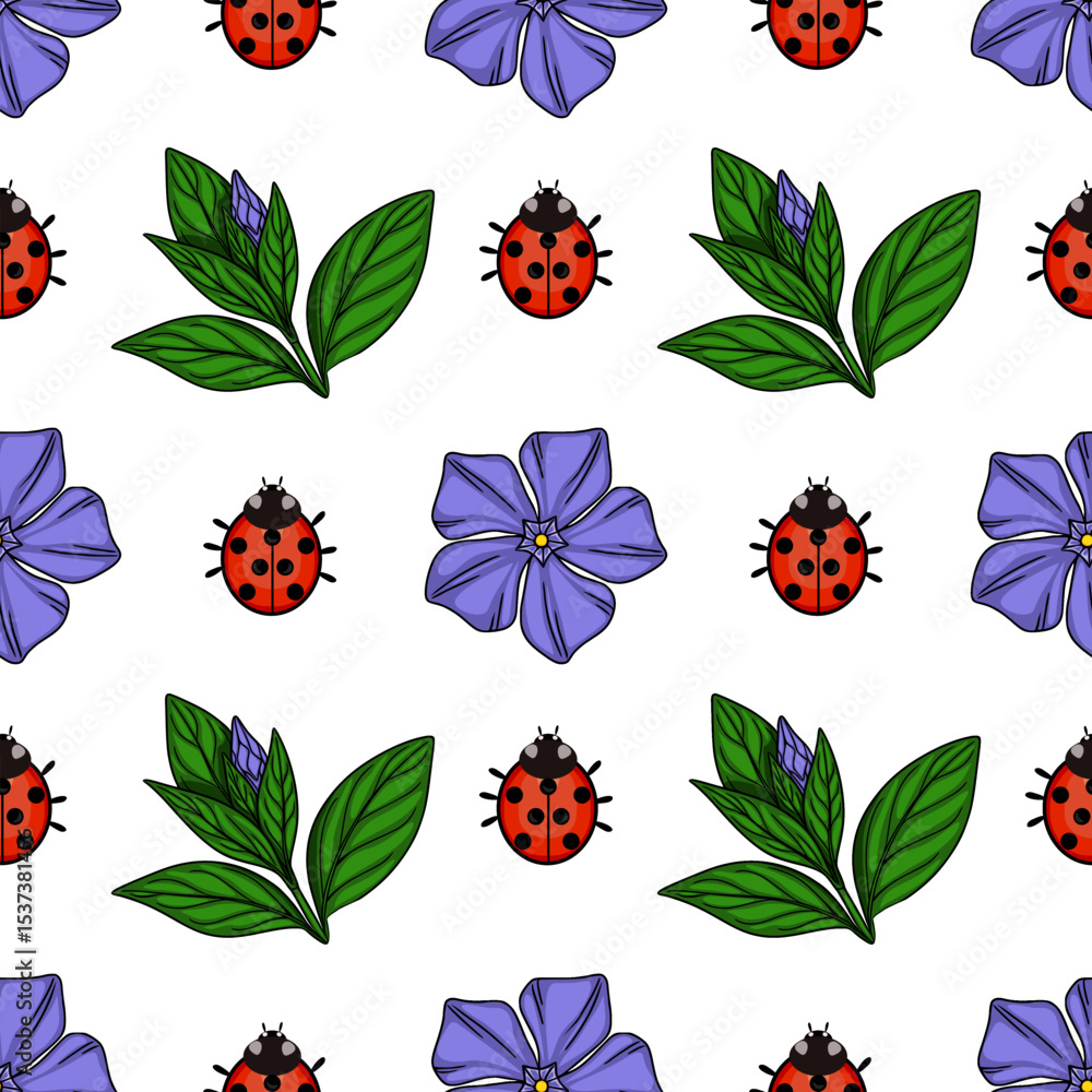 Poster seamless vector pattern featuring charming ladybugs and delicate periwinkle flowers, creating a chee