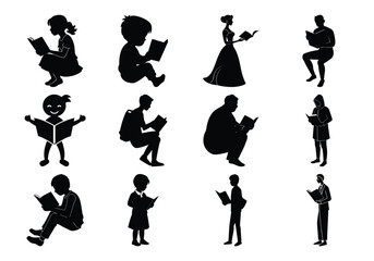 Reading People Silhouettes – Kids, Adults, and Characters Holding Books in Various Vector Poses On white background 

