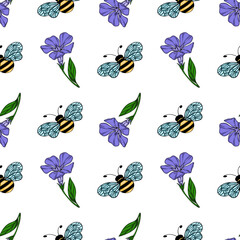 Seamless vector pattern with hand-drawn bumblebees and stylized periwinkle flowers, featuring a vibrant color palette and intricate wing details for textile or wallpaper design.