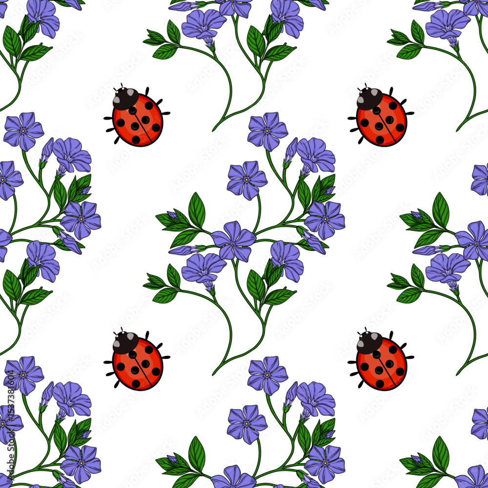Poster seamless vector pattern featuring delicate periwinkle flowers and charming ladybugs, creating a vibr