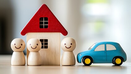 A miniature wooden house with a red roof next to three wooden figures and a blue toy car