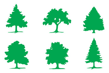 various deciduous trees silhouettes on the white background. vector set. PNG white background