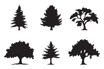 silhouette tree line drawing set, Side view, set of graphics trees elements outline symbol for architecture and landscape design drawing. Vector illustration in stroke fill in white. Tropical