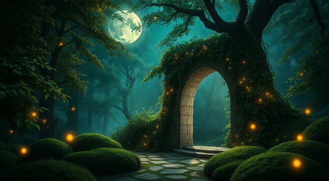 Magical forest gateway under moonlight