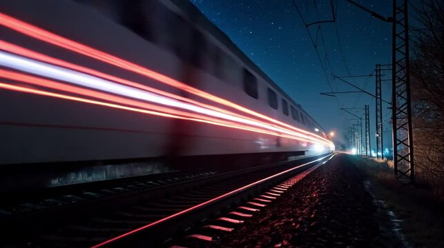 High-speed train passing on railway tracks at night