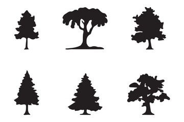 various deciduous trees silhouettes on the white background