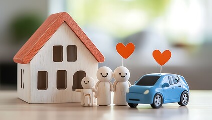 A miniature house, family figurines, and a blue car with heart toppers on a light surface