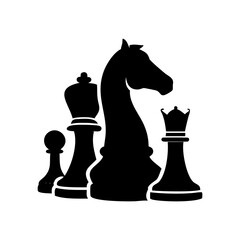 A strategic assembly of chess pieces in silhouette against a white backdrop silhouette vector