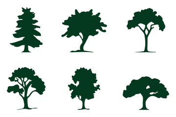 silhouette tree line drawing set, Side view, set of graphics trees elements outline symbol for architecture and landscape design drawing. Vector illustration in stroke fill in white. Tropical 