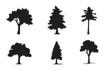 Fototapeta premium silhouette tree line drawing set, Side view, set of graphics trees elements outline symbol for architecture and landscape design drawing. Vector illustration in stroke fill in white. Tropical 