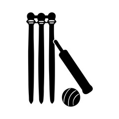 Cricket equipment silhouette of stumps with bails, bat, and ball ready to play silhouette vector