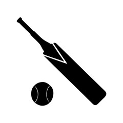 A black and white minimalist illustration of a cricket bat and ball silhouette vector