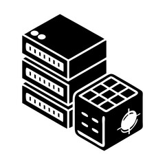 Isometric illustration of server racks and a security application server, black and white silhouette vector