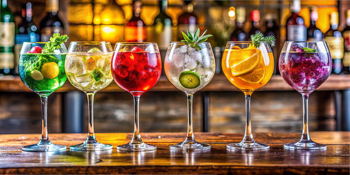 Six vibrant cocktails filled with fresh fruits and herbs are displayed on a rustic bar surface. The blurred backdrop highlights an array of bottles, creating a lively atmosphere - Powered by Adobe