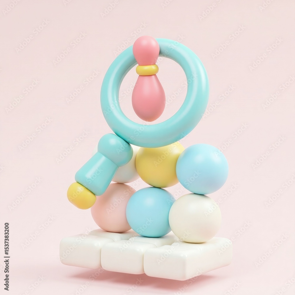 Poster pastel colored 3d render of abstract shapes balanced on a platform