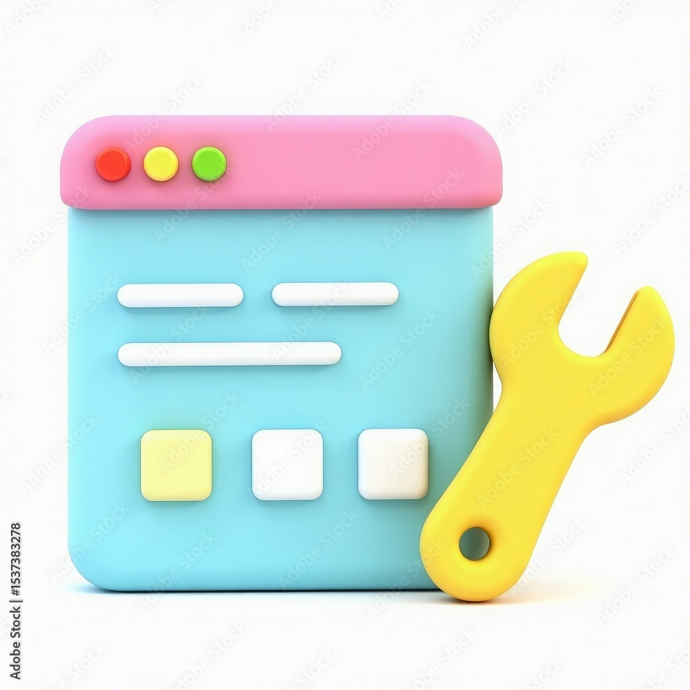 Poster colorful 3d render of website browser with wrench for web development