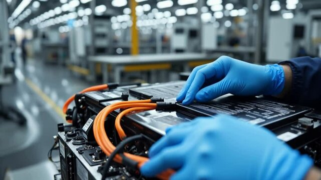 Technician making precise adjustments to EV battery wiring with advanced technology