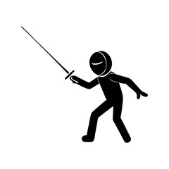 Fencer in action with sword, ready to attack and make a point silhouette vector