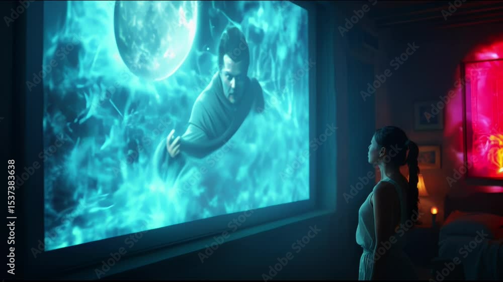 Poster the image shows a woman standing in front of a large screen in a room. on the right side of the imag