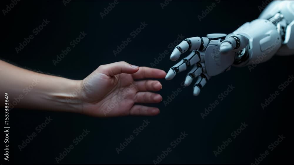 Poster the image shows a person shaking hands with a robot