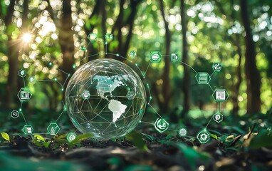 Digital globe with green icons in a forest representing technology and nature synergy