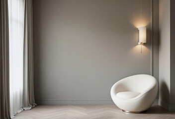 Modern gray room with white chair and wall lamp