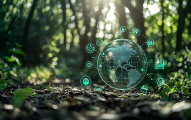 Digital earth globe with green icons floating in a forest setting at ground level view