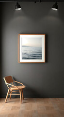 Fototapeta premium Modern Room With Wooden Chair And Seascape Art