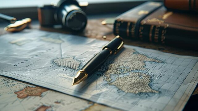 Vintage travel scene pen on map with camera and books