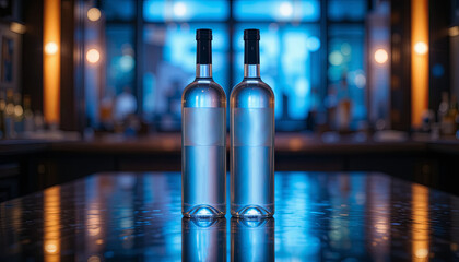 Two sleek glass bottles of wine stand prominently on a polished bar top, surrounded by an upscale lounge atmosphere illuminated by soft blue lights in the evening