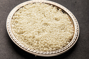 Food salt crystals sea food salt spices food additive gourmet food background on the table rustic food top view copy space