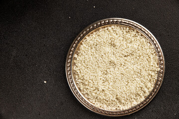 Food salt crystals sea food salt spices food additive gourmet food background on the table rustic food top view copy space
