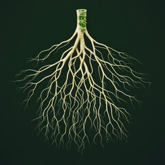 Abstract Root System with Green Sprouts on Dark Background, botanical ,biology